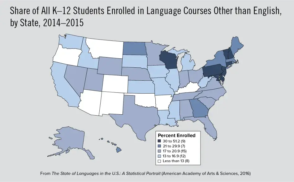 Share of All K–12 Students Enrolled in Language Courses Other than English, by State, 2014–2015 Share of All K–12 Students Enrolled in Language Courses Other than English, by State, 2014–2015